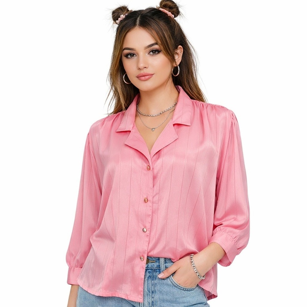 Ariella Womens Pink Blouse Textured Stripe Button Front Shirt Size 10 Retro‎ 80s